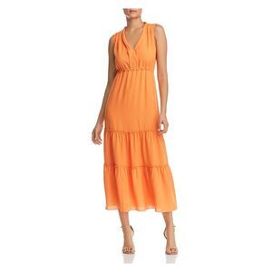 LE GALI Womens Orange Sleeveless V Neck Tea-Length Sheath Dress Size: S